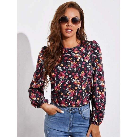 SHEIN Tops - Shein L Floral Long Sleeve Blouse Keyhole Back Black Multicolor